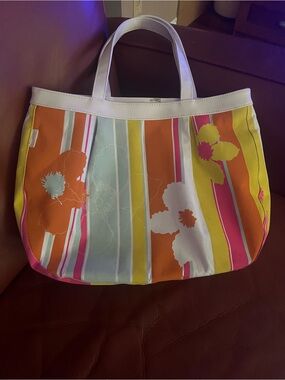 New Biotherm Striped Floral Canvas Tote/Beach Bag in Multicolor